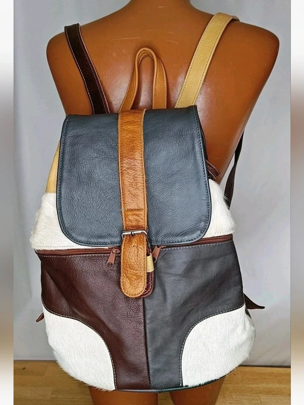 Vintage Boho Hippie Patchwork Backpack Genuine Leather Bucket Bag Purse Academia